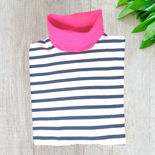 Navy Stripe with HotPink collar Roll Neck Skivvy