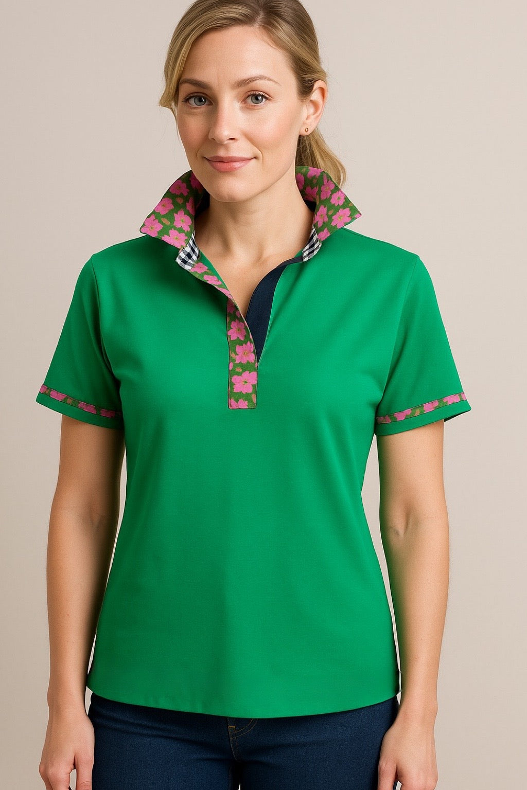 Emerald Check Rose Short Sleeve Polo Top